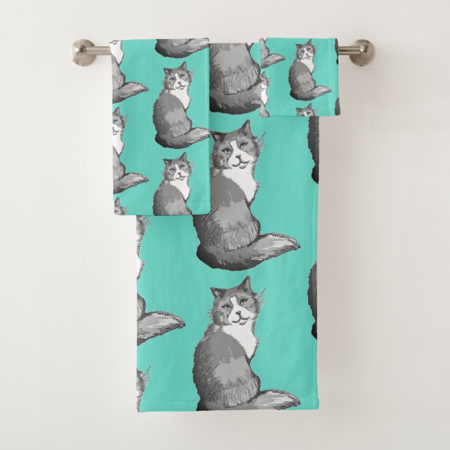 Grey and White Cats Turquoise Towel Set (Insitu)