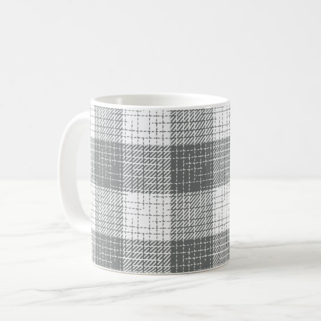 Grey and White Checkered Crosshatch Plaid  Coffee Mug (Front Left)