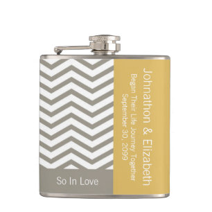 Grey and White Chevron Chic Commemorative Wedding Hip Flask