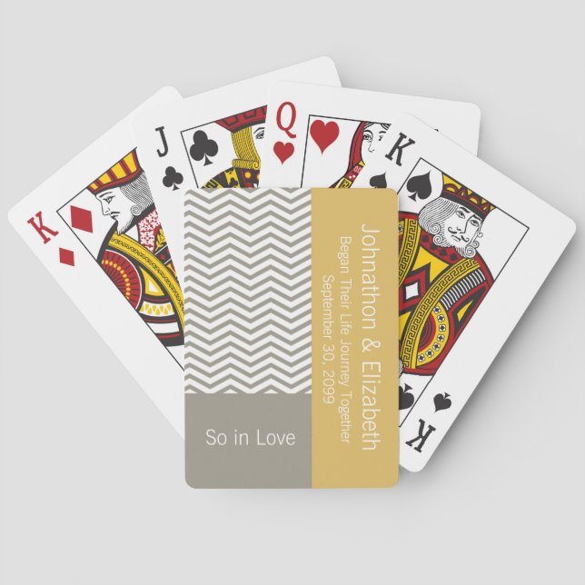 Grey and White Chevron Chic Commemorative Wedding Playing Cards (Back)