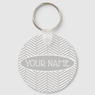Grey and White Chevron Custom Name Key Ring