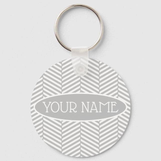 Grey and White Chevron Custom Name Key Ring (Front)