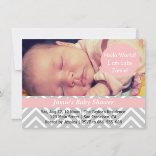 Grey and White Chevron Girl Baby Shower Photo Invitation