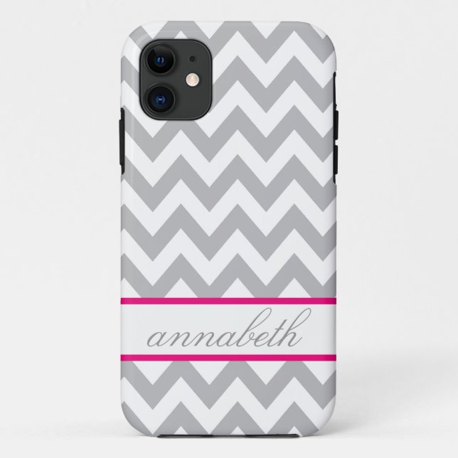 Grey and White Chevron Hot Pink Monogram Case-Mate iPhone Case (Back)