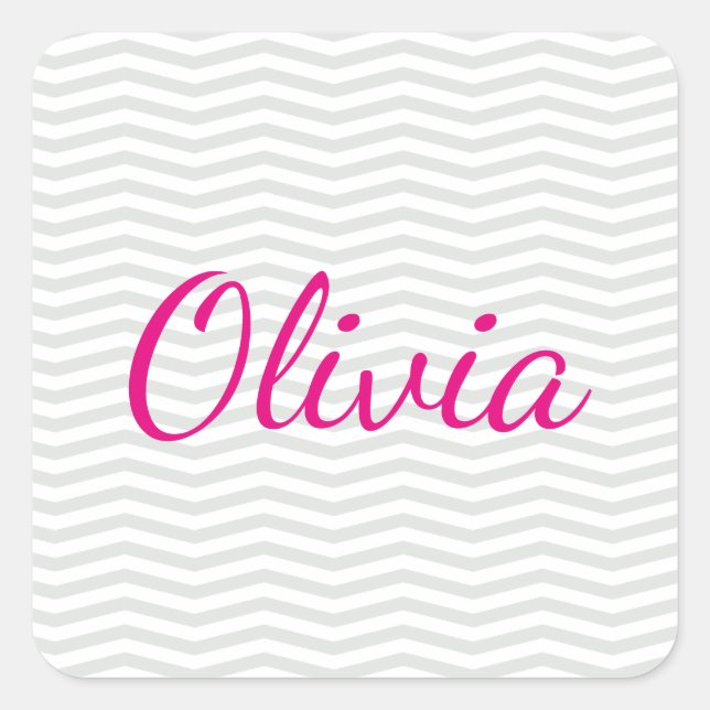 Grey and White Chevron Pattern with Bold Name Square Sticker (Front)