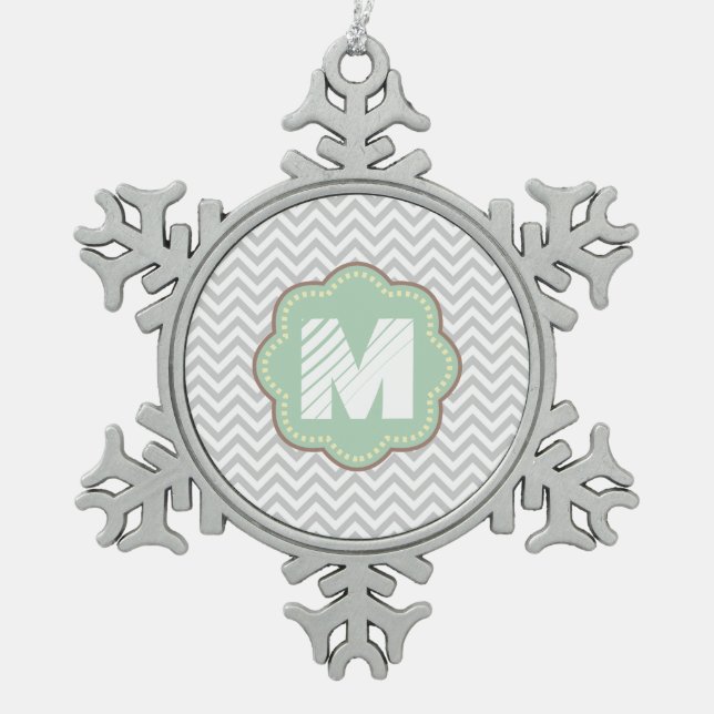 Grey and White Chevron Snowflake Pewter Christmas Ornament (Front)