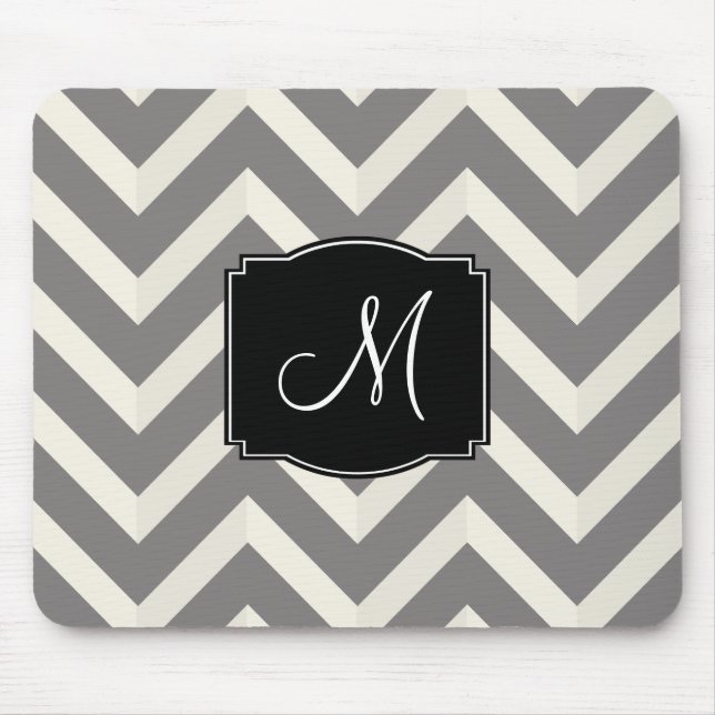 Grey and White Chevron Stripes with Monogram Mouse Mat (Front)