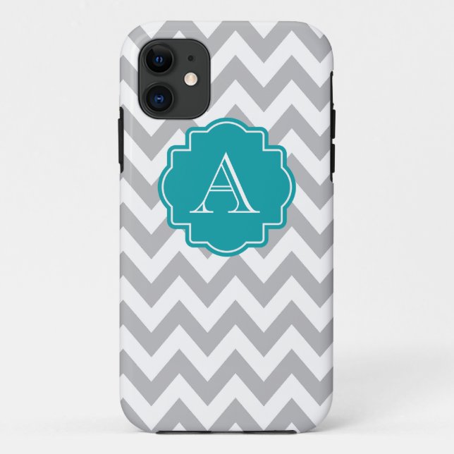 Grey and White Chevron Teal Monogram Case-Mate iPhone Case (Back)
