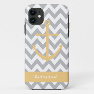 Grey and White Chevron Yellow Anchor Monogram Case