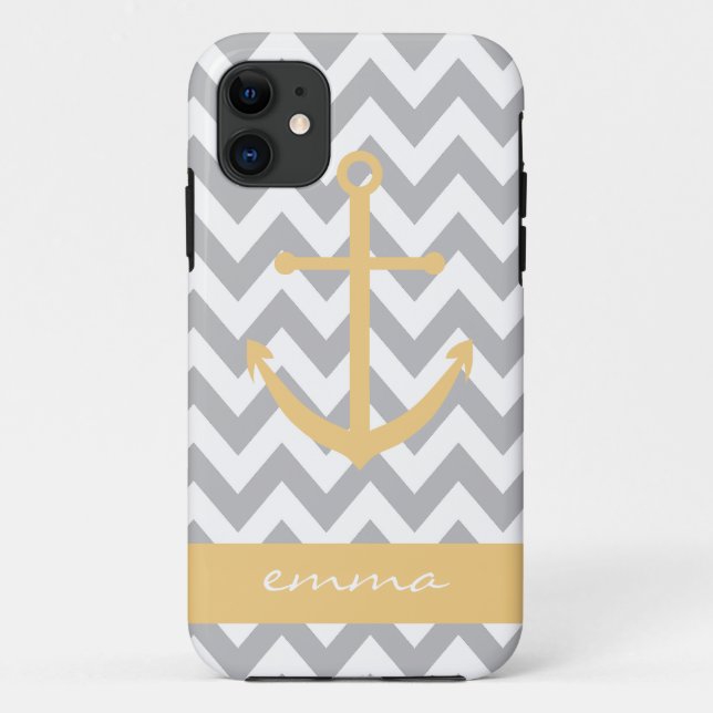 Grey and White Chevron Yellow Anchor Monogram Case (Back)