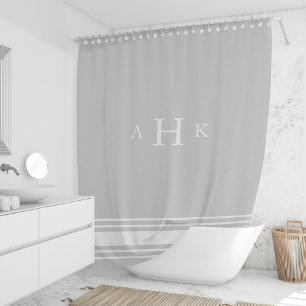 Grey and White Classic Stripe Border Monogram Shower Curtain
