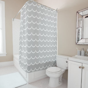 Grey and White Coastal Wave Pattern Shower Curtain