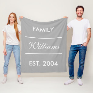 Grey And White Custom Family Name Fleece Blanket