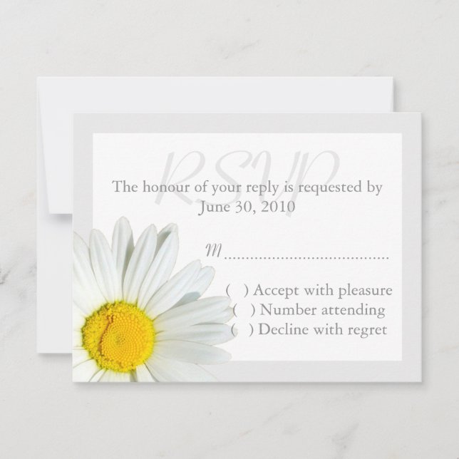 Grey and White Daisy Wedding RSVP Reply Card (Front)