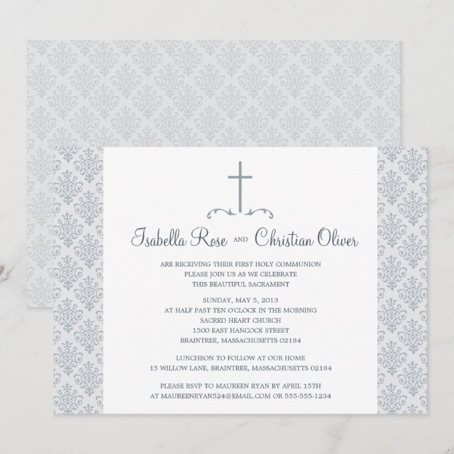 Grey and White Damask First Communion Invitation (Front/Back)