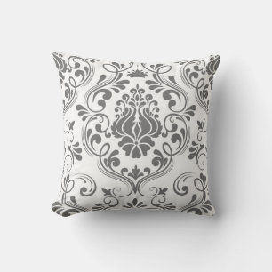 Grey and White Damask Floral Pattern Elegant Cushion