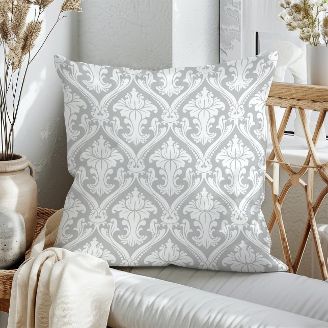 Grey and White Damask Pattern Throw Pillows (Creator Uploaded)