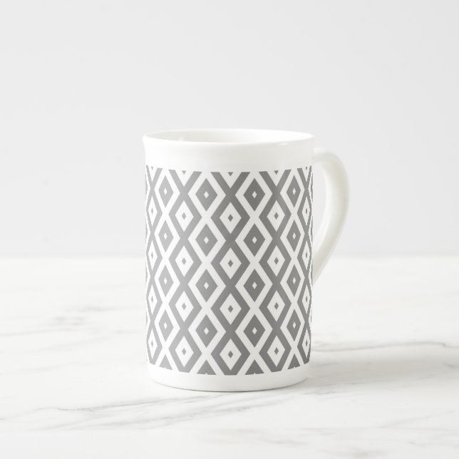 Grey and white diamond pattern bone china mug (Front Right)