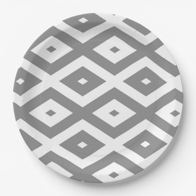 Grey and white diamond pattern paper plate (Front)