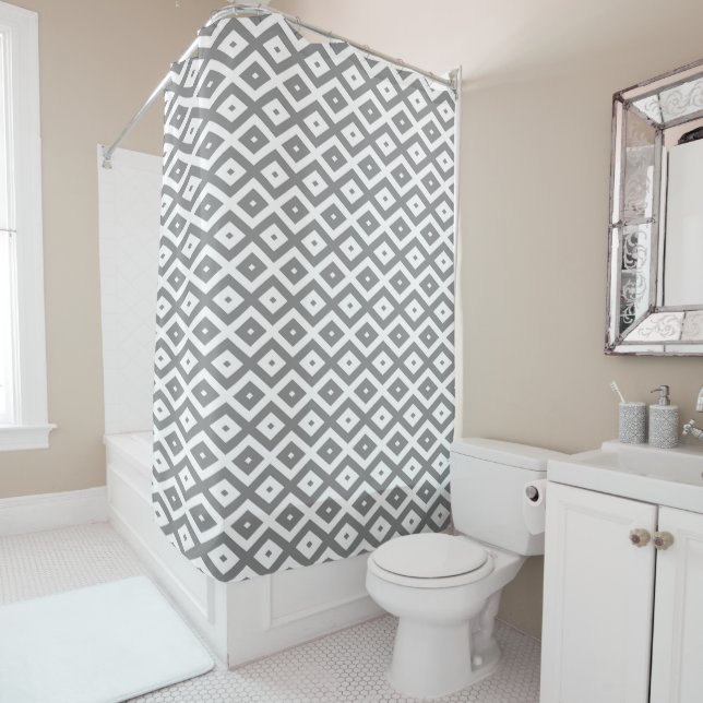 Grey and white diamond pattern shower curtain (In Situ)