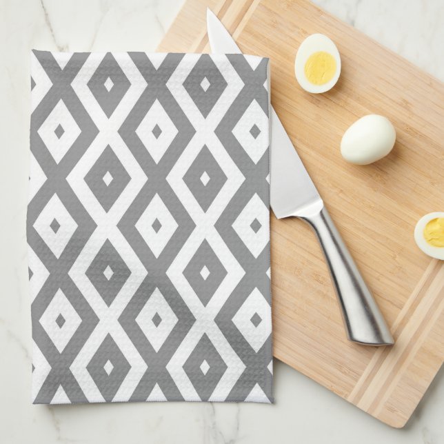 Grey and white diamond pattern tea towel (Quarter Fold)