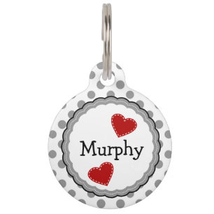 Grey and White Dots and Hearts Pet Tag