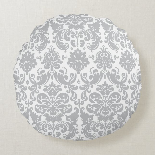 Grey and White Elegant Damask Pattern Round Cushion (Front)
