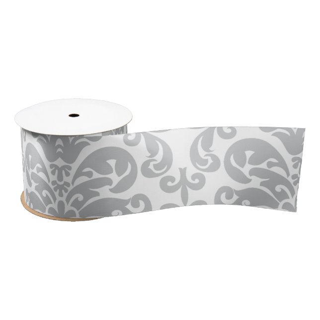 Grey and White Elegant Damask Pattern Satin Ribbon (Spool)