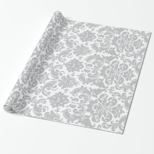 Grey and White Elegant Damask Pattern Wrapping Paper