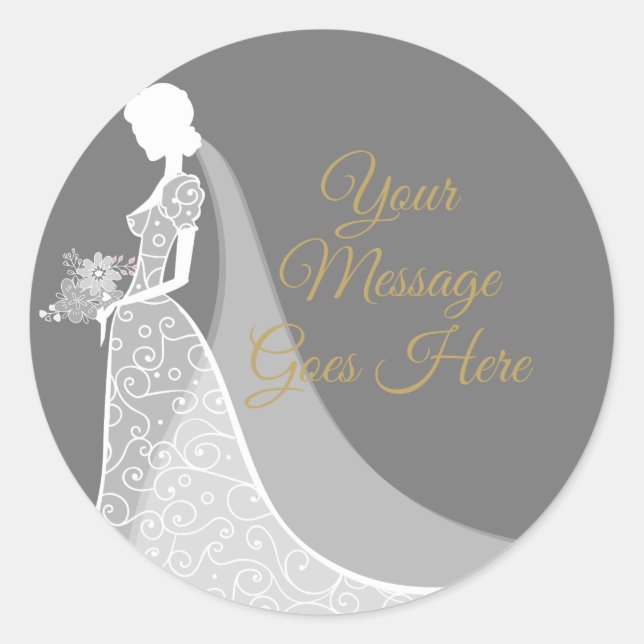 Grey and White Elegant Lace Gown Bridal Shower Classic Round Sticker (Front)