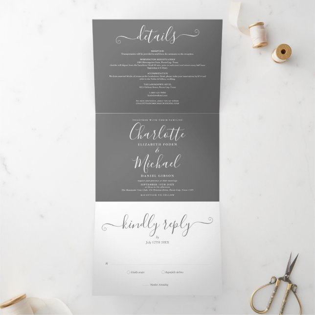 Grey And White Elegant Script Photo Wedding Tri-Fold Invitation (Inside)