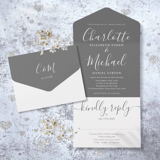 Grey And White Elegant Script Wedding All In On One Invitation (Gray And White Elegant Script Wedding All In On All In One Invitation)