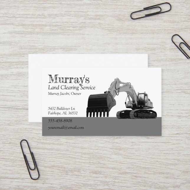 Grey and White Excavator Land Clearing Business Card (Front/Back In Situ)