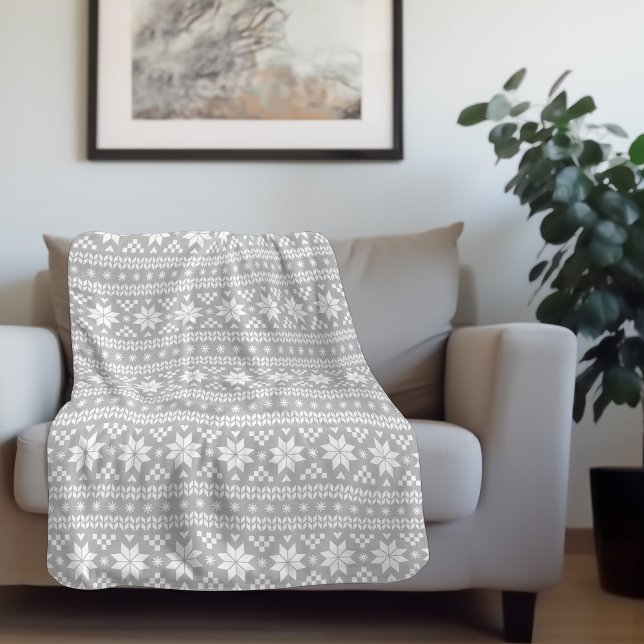 Grey and White Fair Isle Print | Holiday Decor Sherpa Blanket (Creator Uploaded)