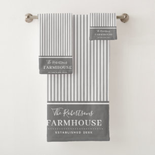 Grey and White Farmhouse Striped Custom Bath Towel