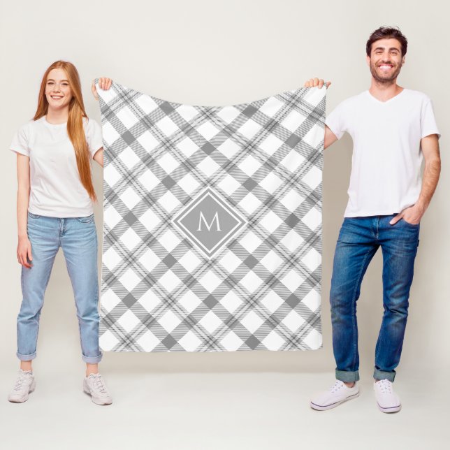 Grey and White Farmhouse Tartan Plaid and Monogram Fleece Blanket (In Situ)