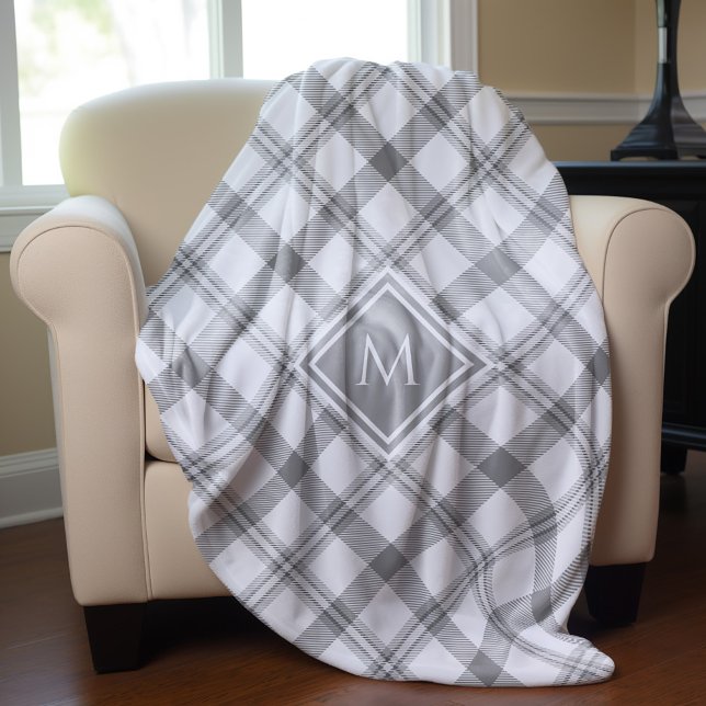 Grey and White Farmhouse Tartan Plaid and Monogram Sherpa Blanket (Creator Uploaded)