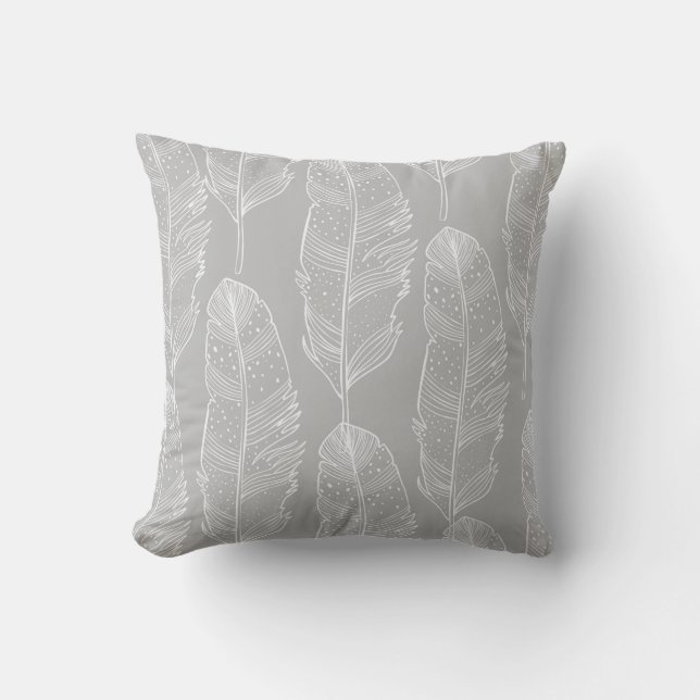 Grey and White Feathers Cushion (Front)