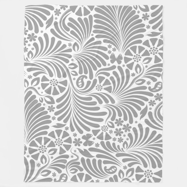 Grey And White Floral Baroque Pattern Fleece Blanket (Front)