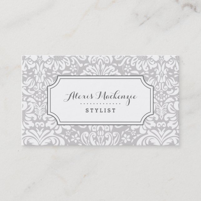 Grey and White Floral Damask Business Card (Front)