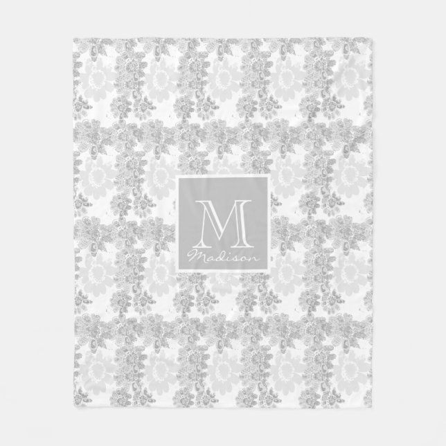 Grey and White Floral Monogram Fantasy Fleece (Front)
