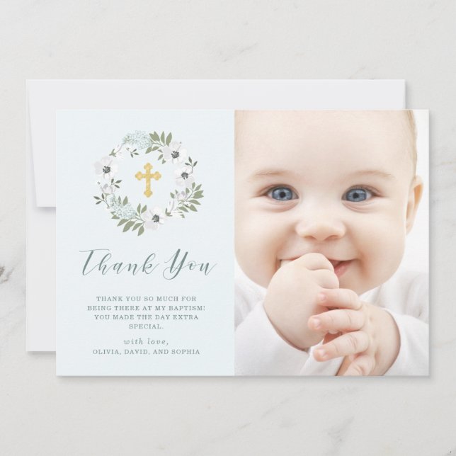Grey and White Floral on Blue | Photo Baptism Thank You Card (Front)