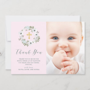 Grey and White Floral on Pink Photo Baptism Thank You Card