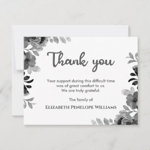 Grey And White Floral Watercolor Memorial Funeral Thank You Card