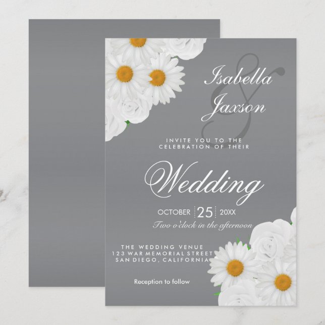 Grey and White Floral Wedding Invitation (Front/Back)