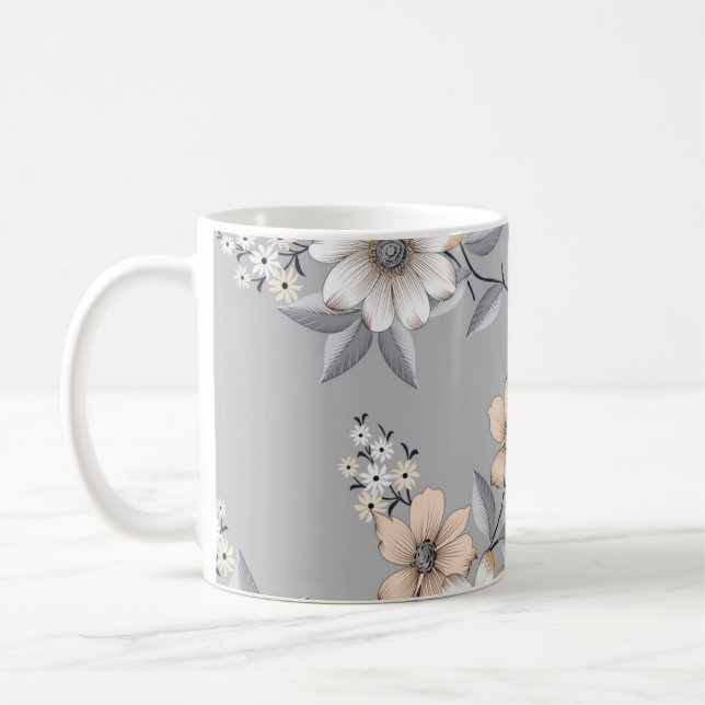 grey and white flower Pattern on grey backgroundde Coffee Mug (Left)