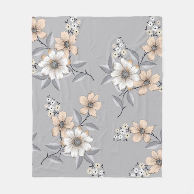 grey and white flower Pattern on grey backgroundde Fleece Blanket (Front)