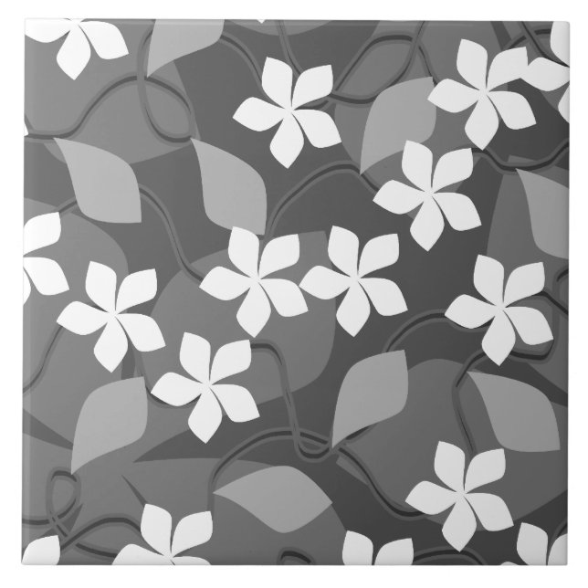 Grey and White Flowers. Floral Pattern. Tile (Front)