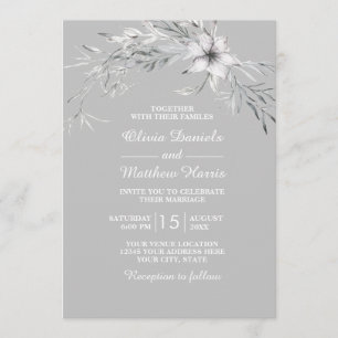 Grey and white flowers. Floral wedding rustic Invitation