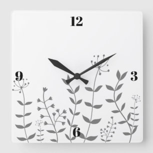 Grey and White Flowers Square Wall Clock